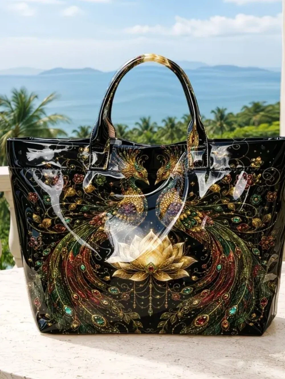 Beauiful Peacock Goolden Lotus Glossy Large PVC Daily Commute Tote Bag